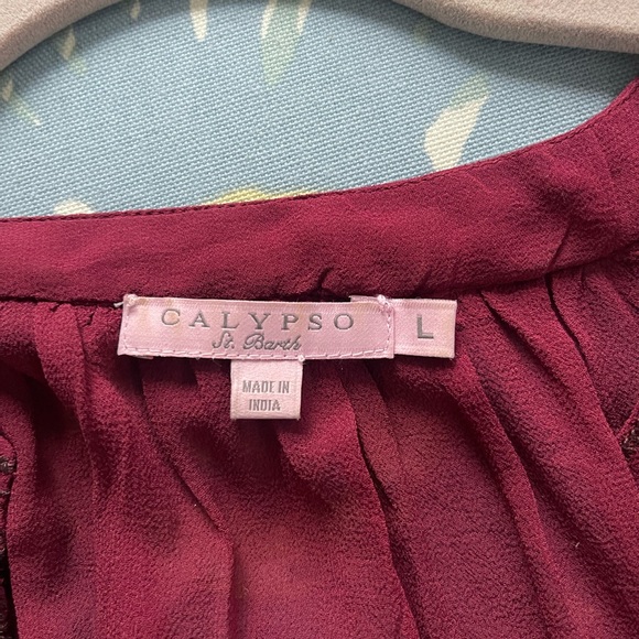Calypso St. Barth “Zandy” Tunic Top 100% Silk Embroidered Burgundy Size Large - Picture 6 of 7